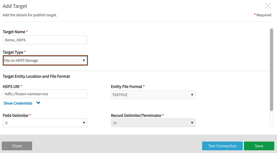 Add target to publish files on HDFS storage