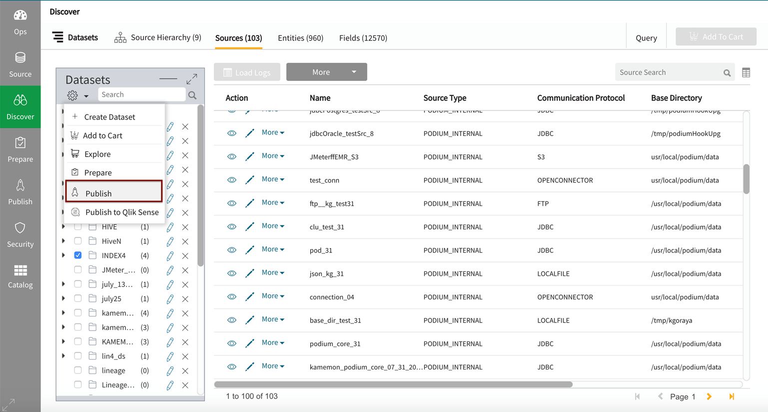 Select dataset of interest and choose to publish from action dropdown