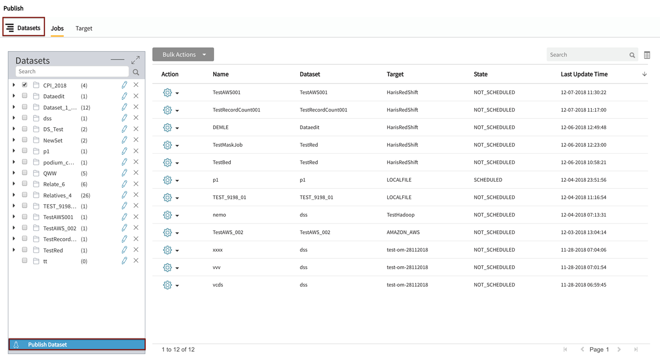 Initite publish job from datasets pane in publish module