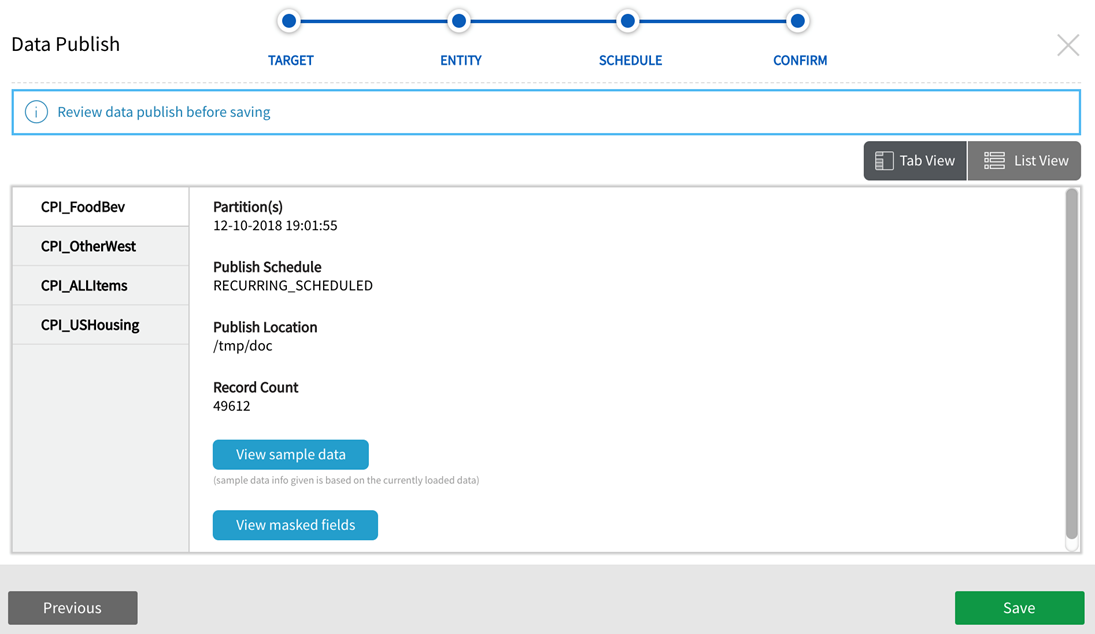 Confirm screen verifies pubish job and provides job status and metadata