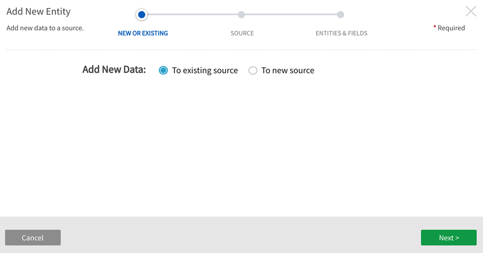 Source wizard select whether to add data to either existing source or new source