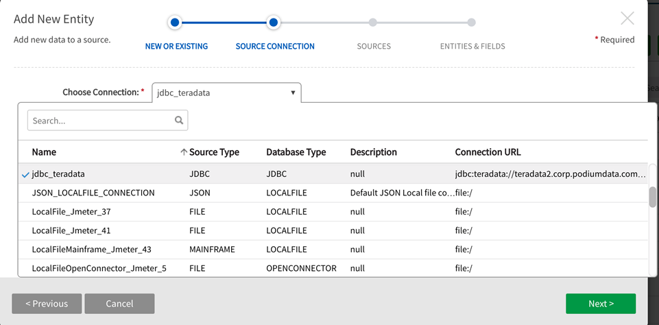 Dropdown available source connections display 