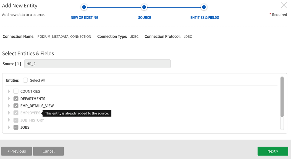 Select entities and fields to add to the source