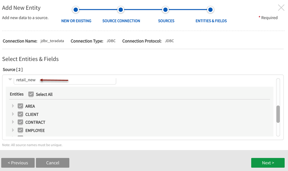 Select entities and fields to add to the source