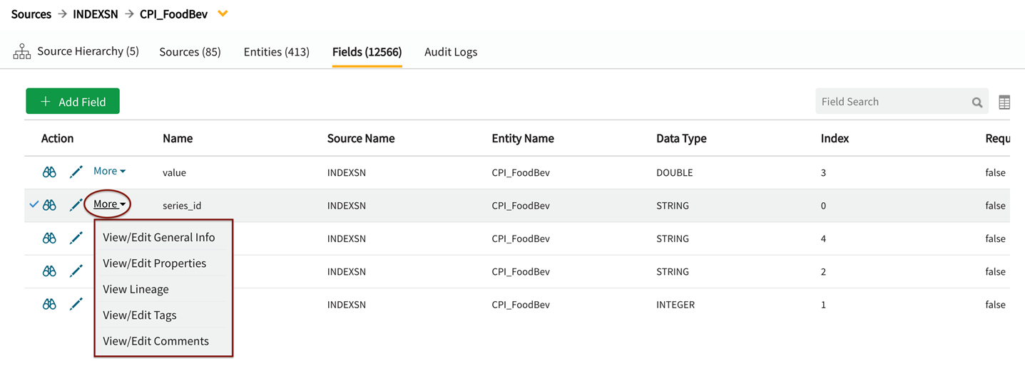 View external field tabs available from more dropdown