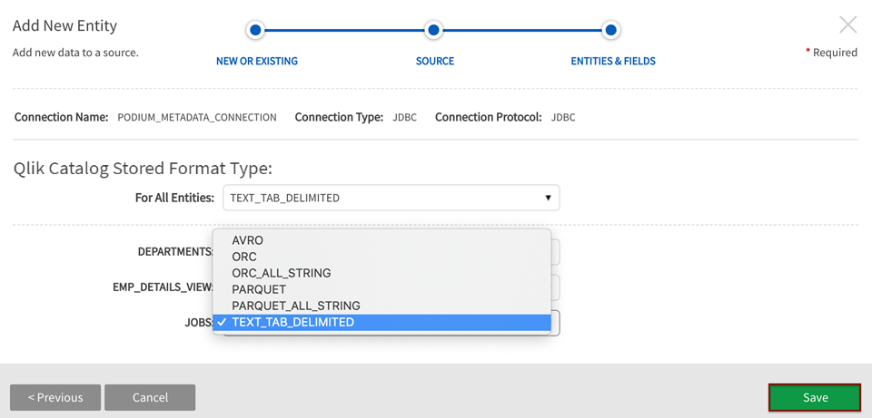 File format is selected for all or individual entities