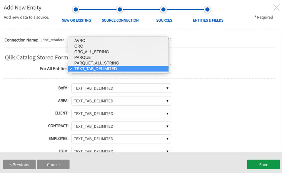 File format is selected for all or individual entities