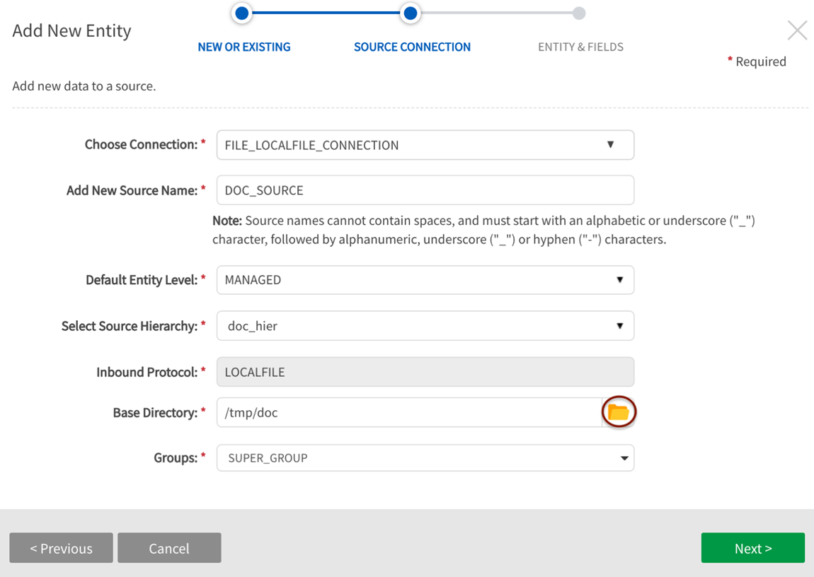 Complete source connection fields 