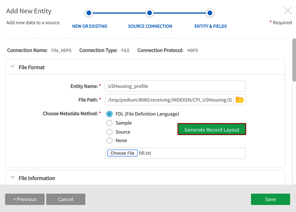 Add data wizard, entity specification with FDL metadata method