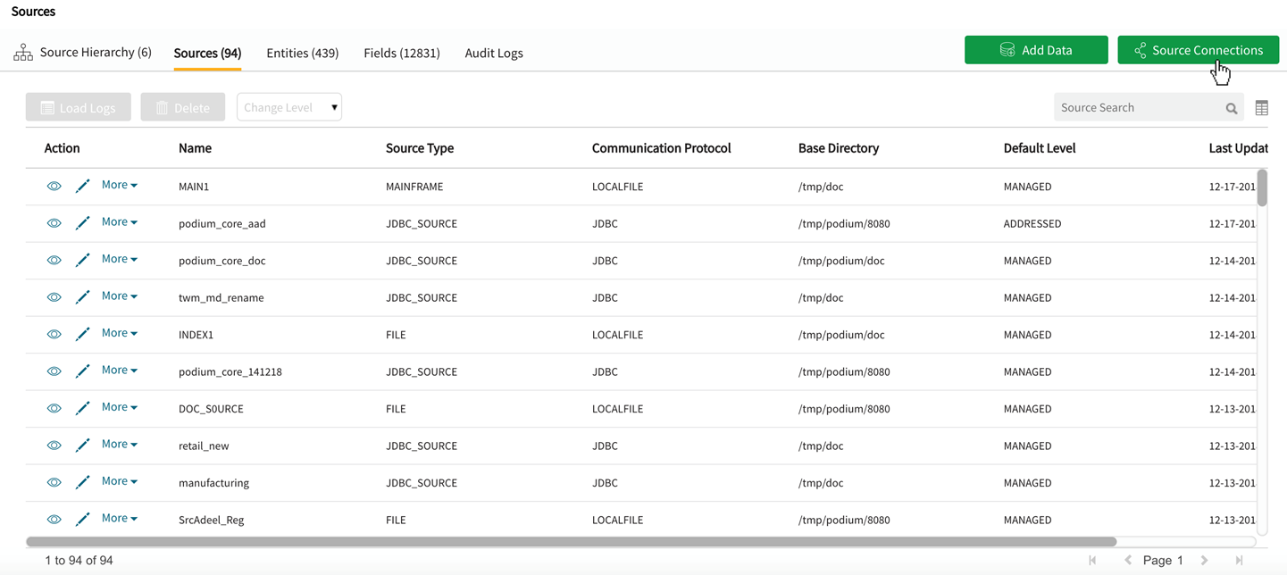 Source connection button initiates new source connection wizard