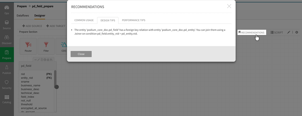 Recommendations tab in prepare offers information on joining keys across related entities