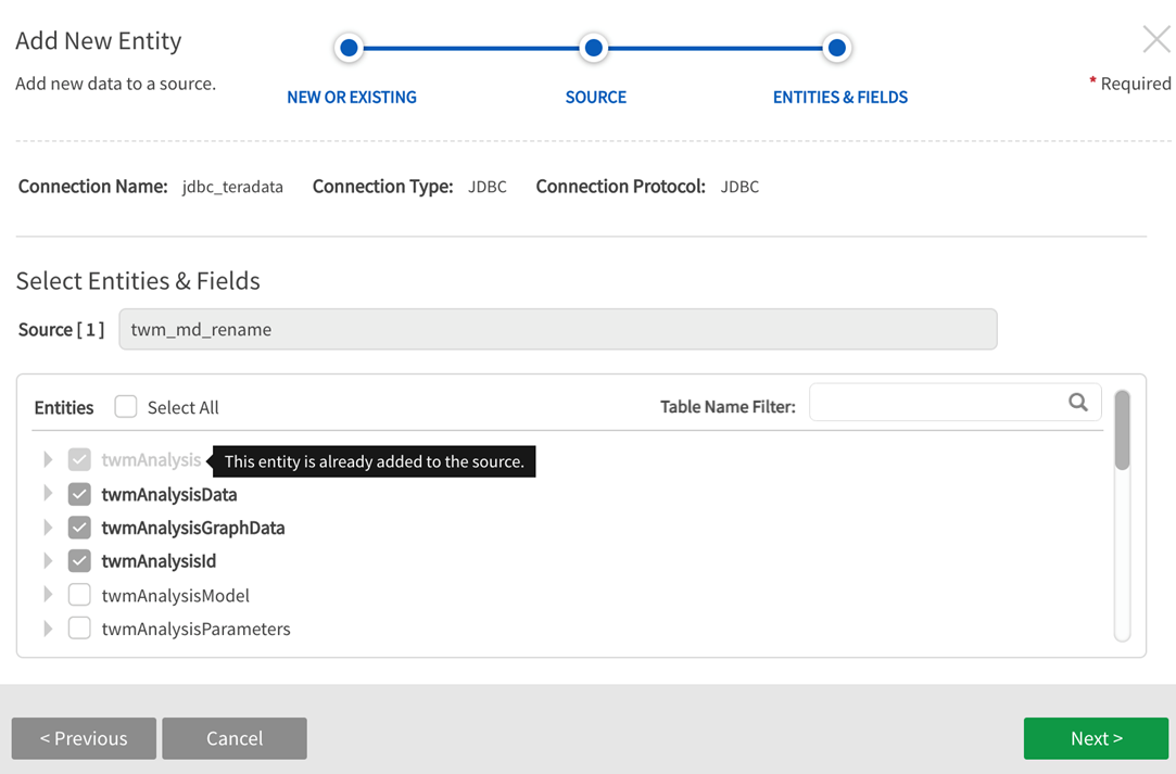 Select entities and fields of JDBC sources