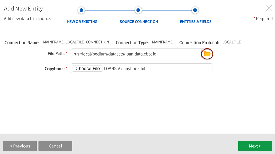 Provide filepath to data and upload copybook from local machine