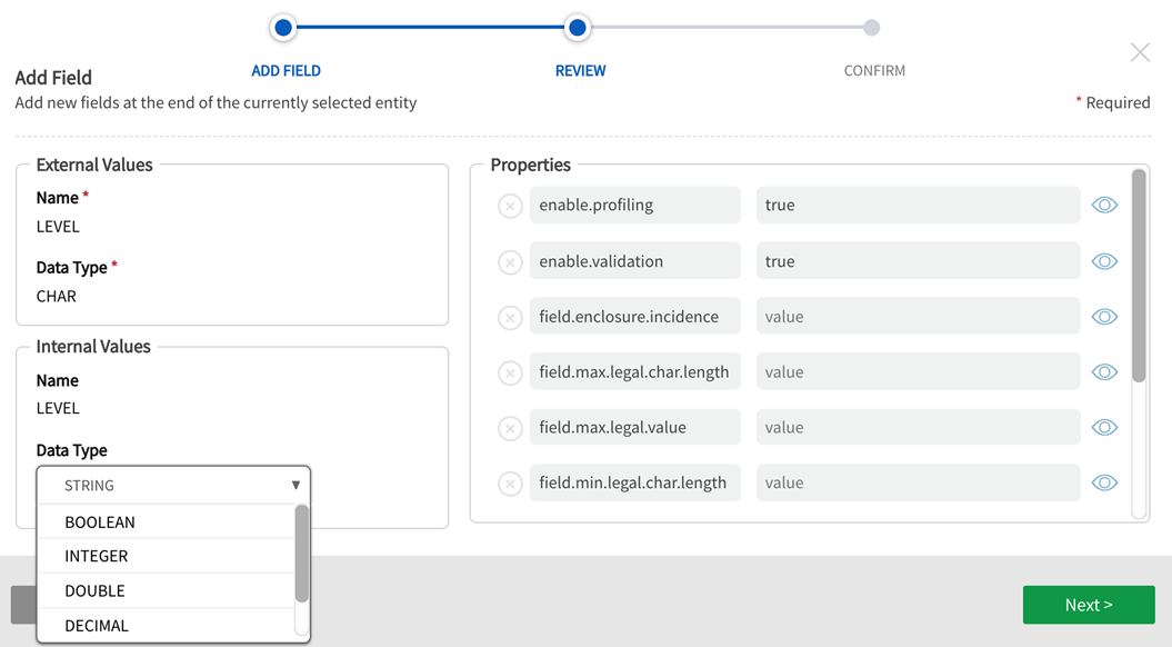 User input maps to internal name and data type displays on review step