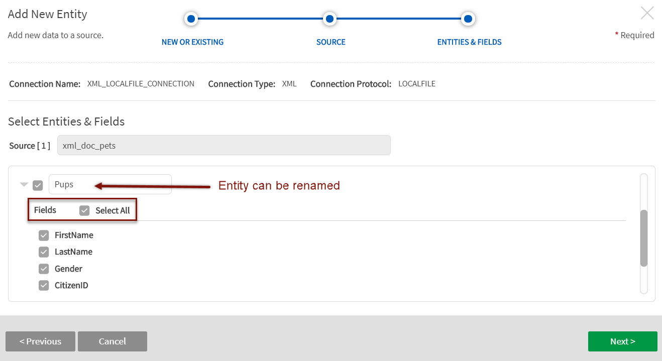 Rename new entities (optional) and select fields