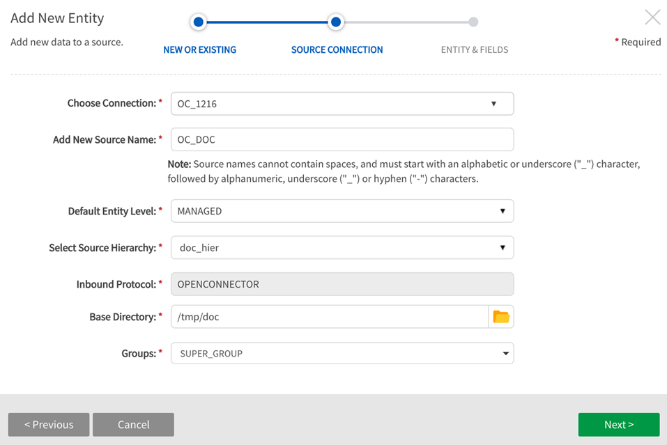 Complete source connection fields 