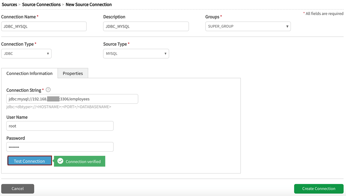 Test connection after populating information fields