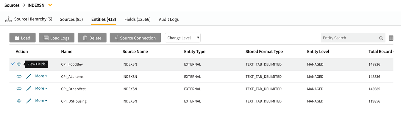 entities grid in sources module, drill in to see field columns