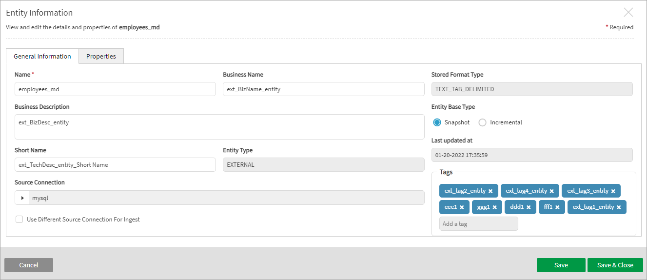 Details show business metadata for an entity after making changes to a CSV that has been exported from Qlik Catalog and then imported 