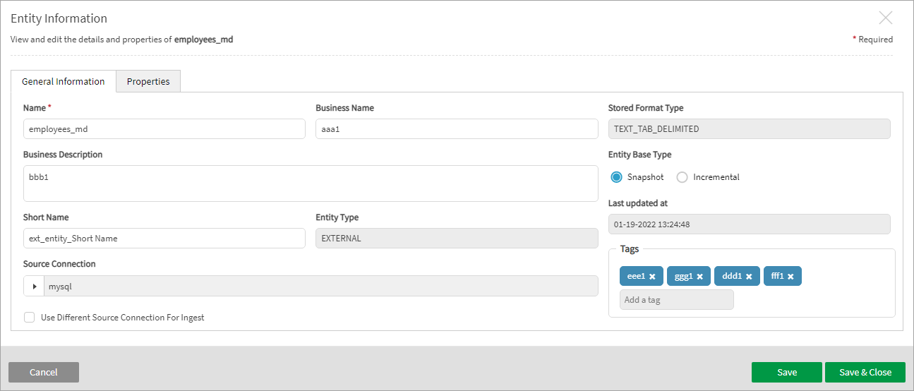 Details show business metadata for an entity before making changes and importing a CSV