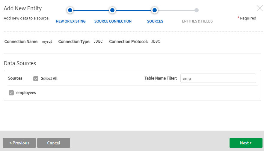 Select the JDBC sources available through the selected connection