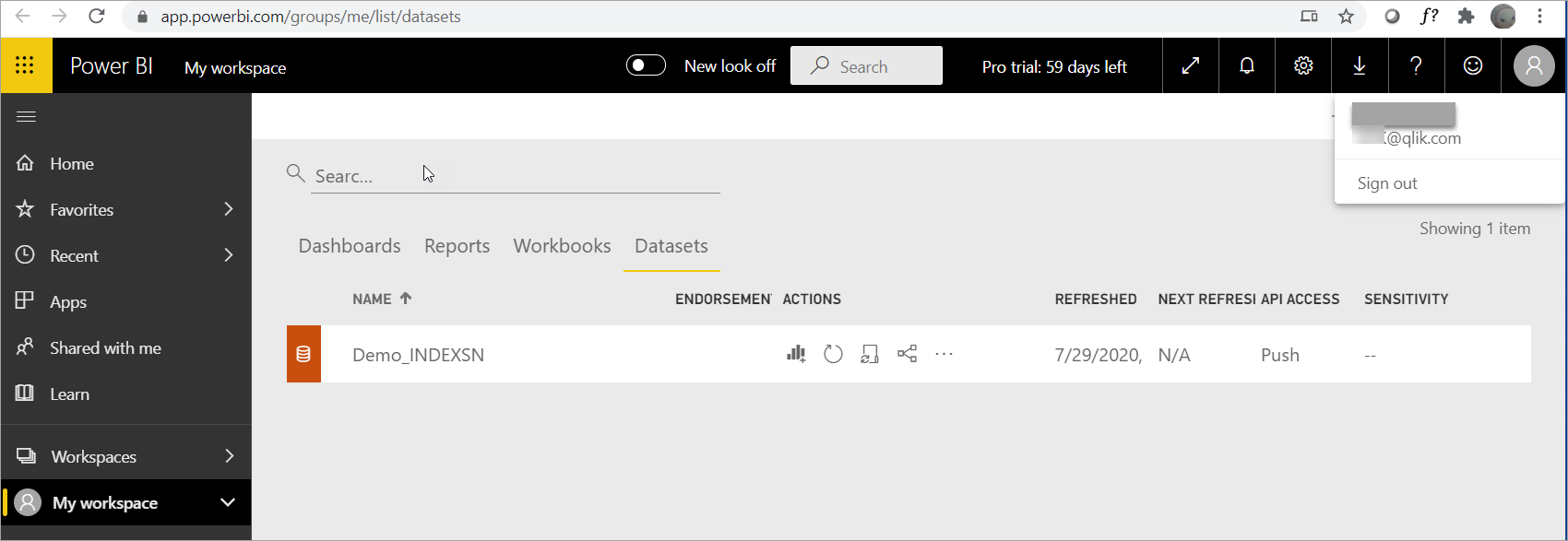 Published datasets display in Power BI application for analysis and reporting