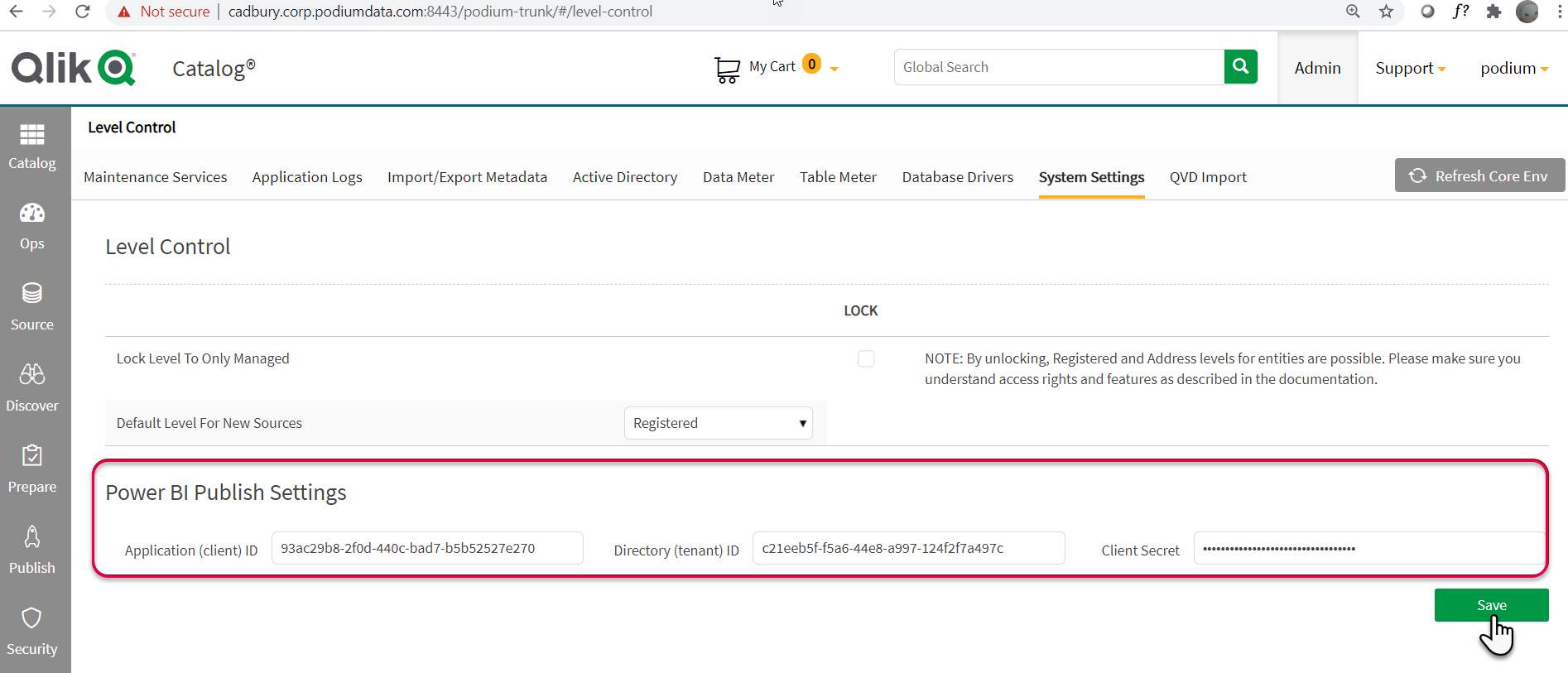 Catalog System Settings Azure ID and password values settings