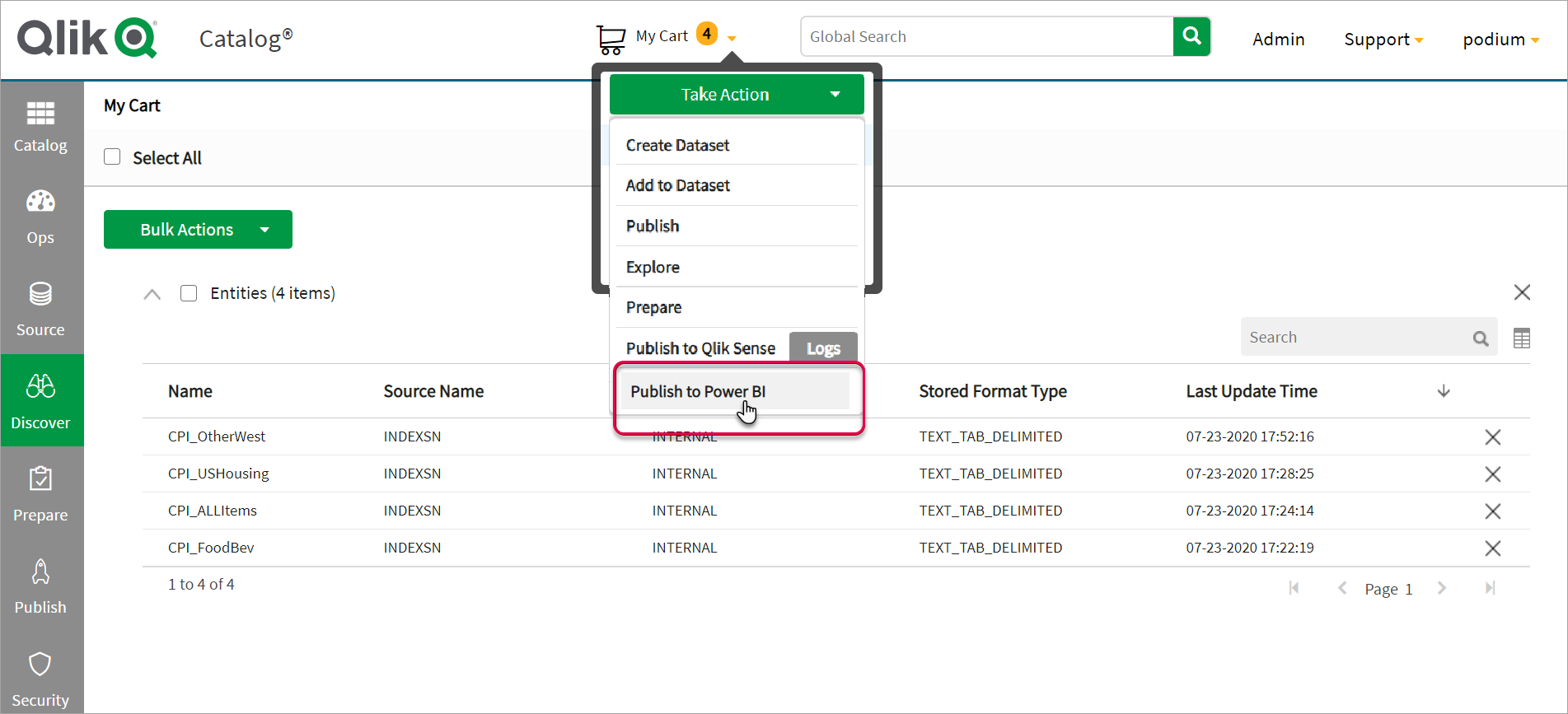 Publish objects to Power BI from Cart