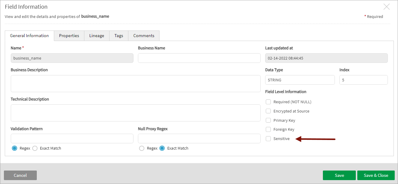 Field information sensitive checkbox