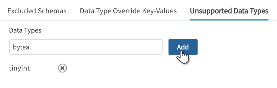 Enter unsupported datatypes to skip and select Add