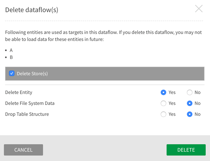 Dataflow deletion panel lists impacted target entities and deletion options