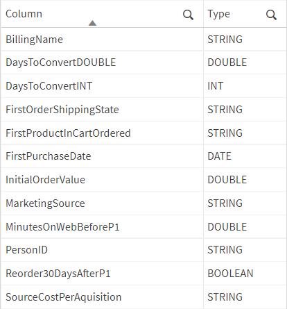 Table with column names and data types.