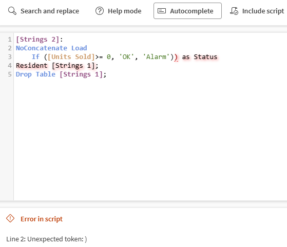 The validation tool showing an error in the script