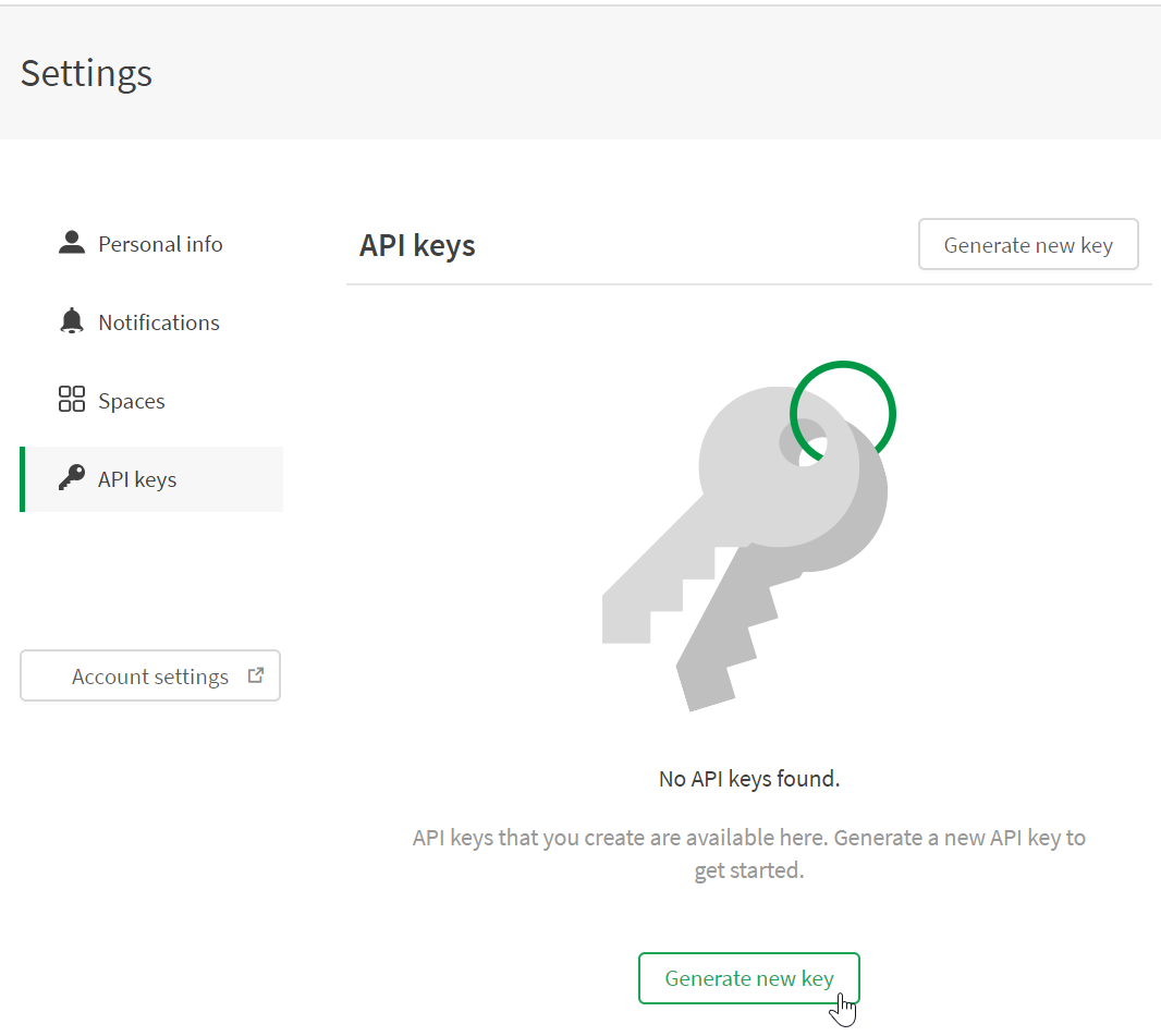 Cloud hub settings menu, generate API key