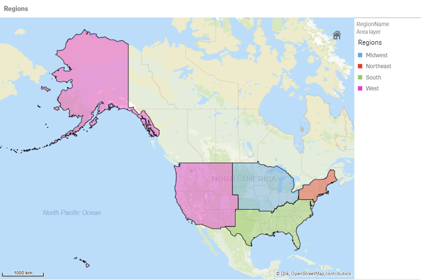 Example map of the United States dissolved into regions