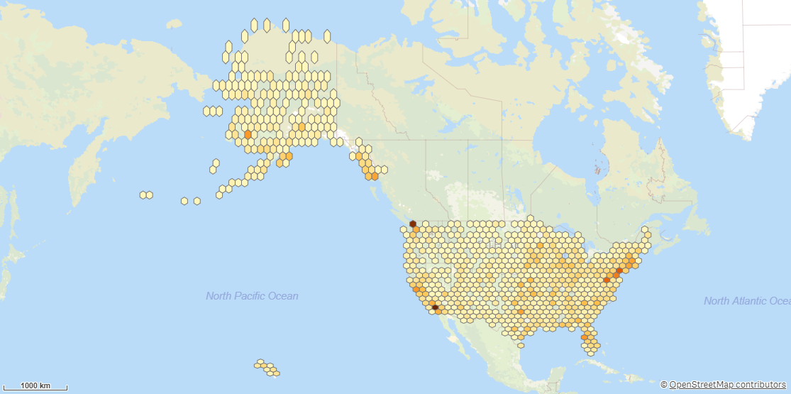 A map divided up into color-coded hexagonal bins.