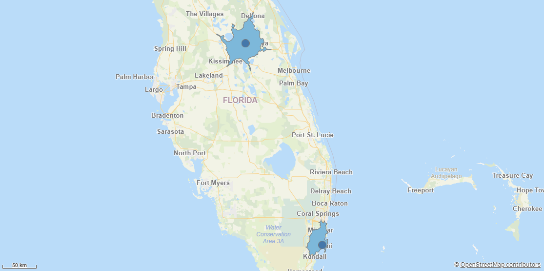 A map displaying reachable areas from two points.