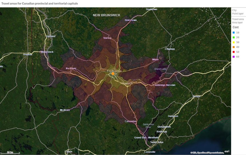 Example zoomed-in view after a point has been selected, displaying more detailed road and travel data