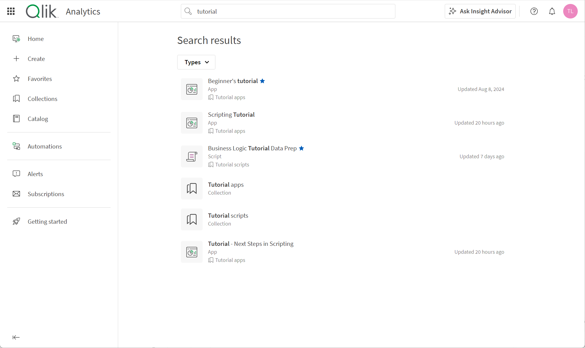 Search results for 'tutorials'. The Types list is expended, showing all the content filters that can used to narrow the search to specific content types.