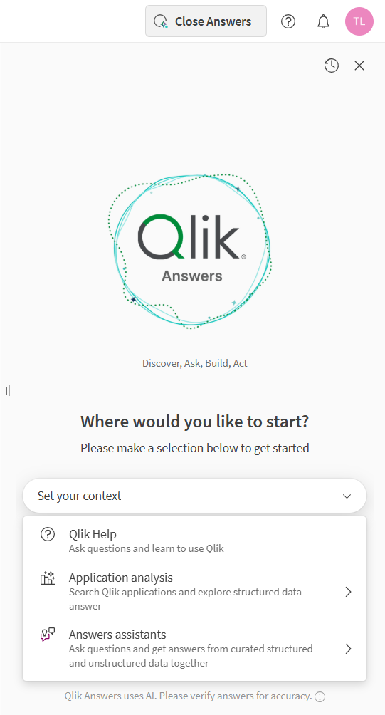 An open Qlik Answers agentic chat, showing the three sources to choose from: Qlik Help, Application analysis, and Answers assistants