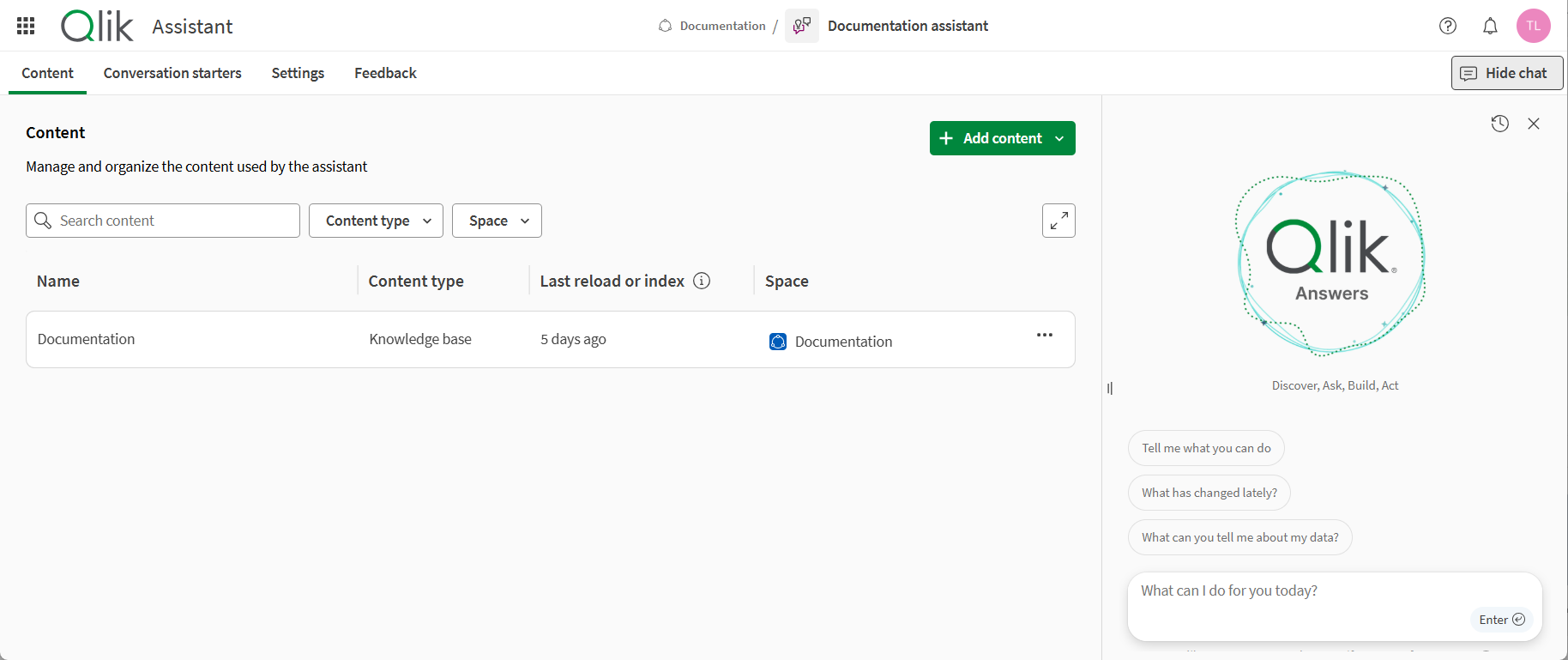 Content tab of an assistant, showing a knowledge base and a chat with 2 conversation starters.