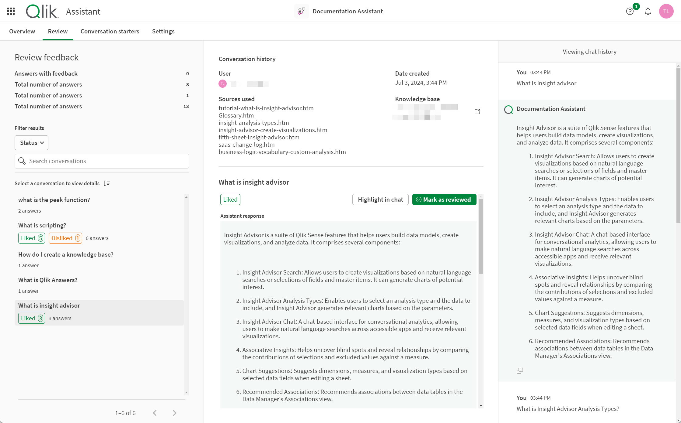 The review tab of an assistant, showing the conversation 'What is insight advisor'. The conversation is displayed in the chat history and the assistant's response has been marked as reviewed.