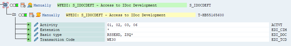 SAP interface, showing IDoc creation permission.