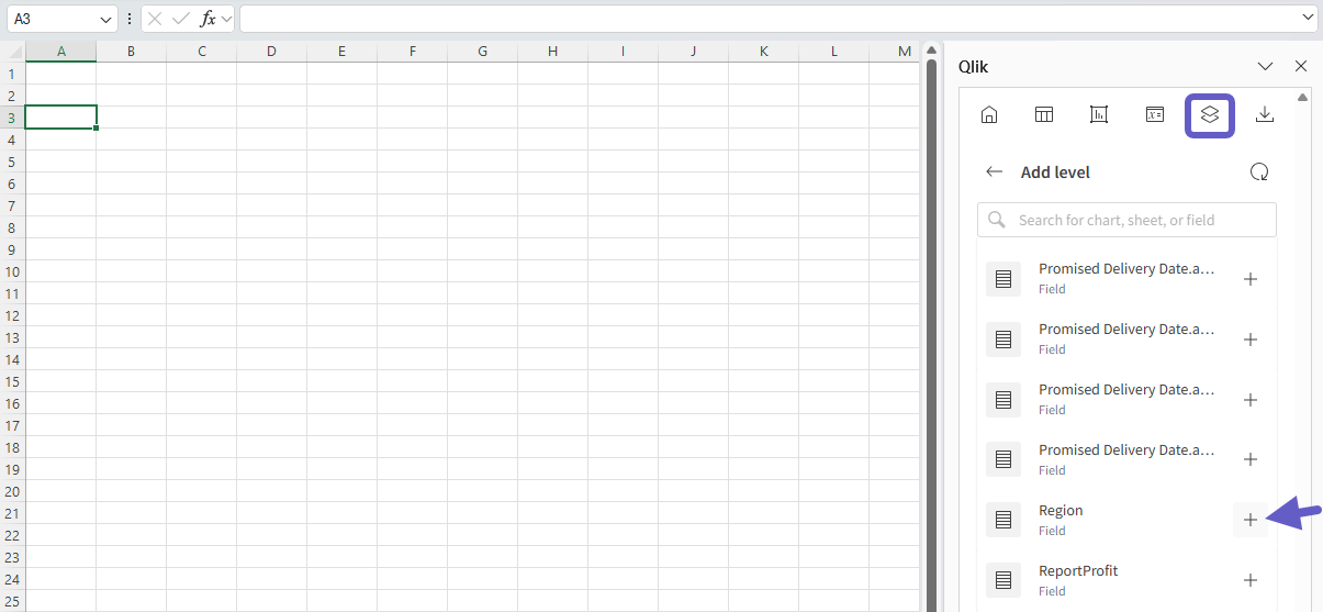 Selecting the field 'Region' to use it as a level