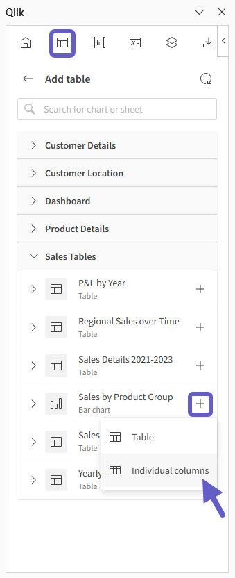Selecting the source chart table to add as tabular data
