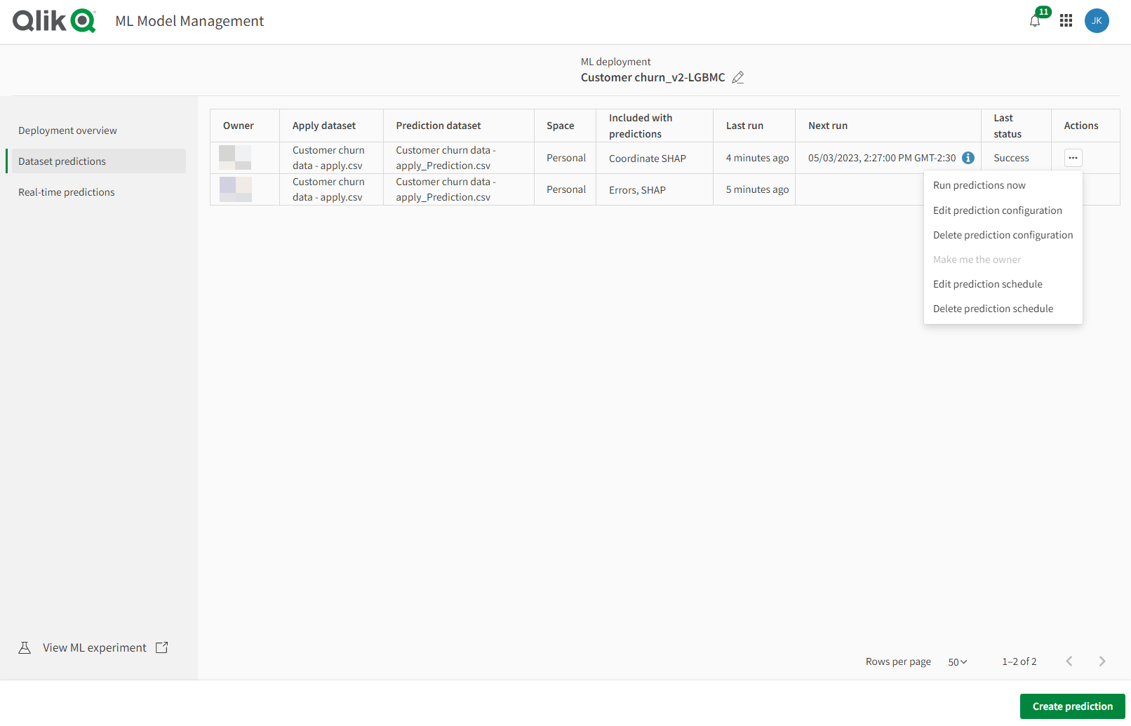 Dataset predictions pane.