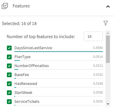 Features list in experiment configuration pane, showing the 'DaysSinceLastService' feature as having a disproportionately large influence on the experiment.