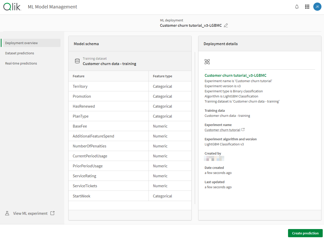 Deployment overview for the new model in the ML model management interface.