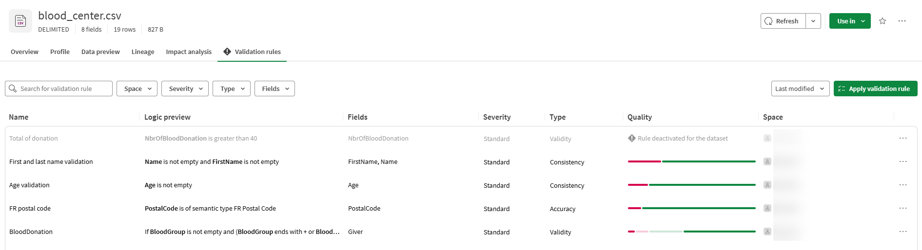 Validation rules tab of a dataset