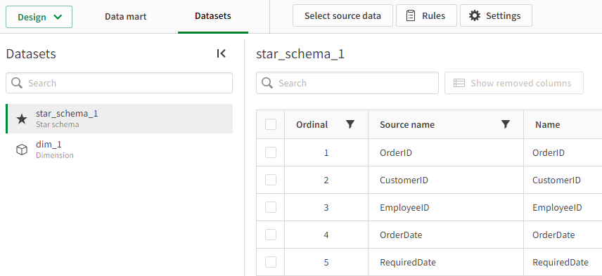 Datasets tab for managing fact and dimension datasets